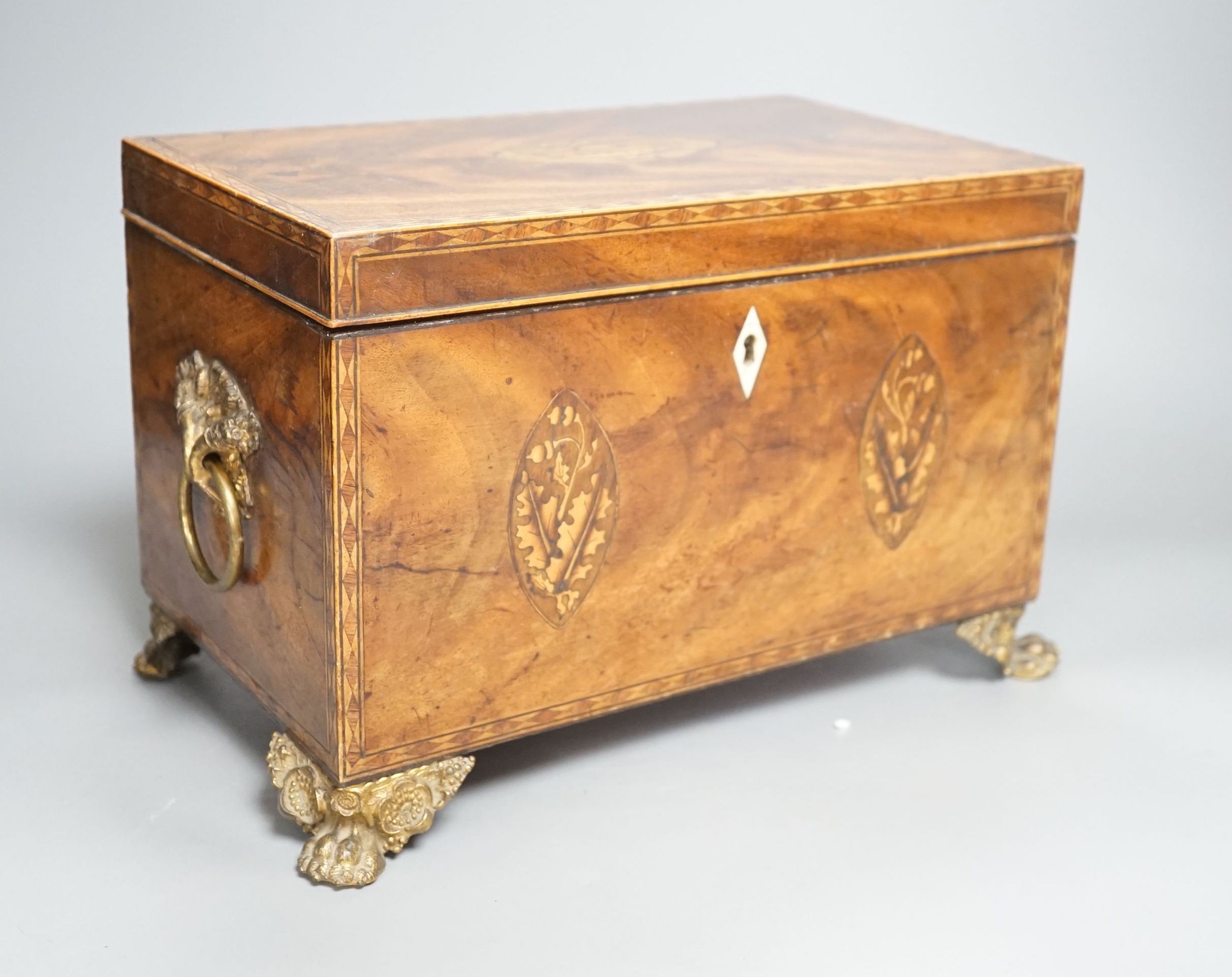 A late George III mahogany and marquetry tea caddy, 31cm foot to foot